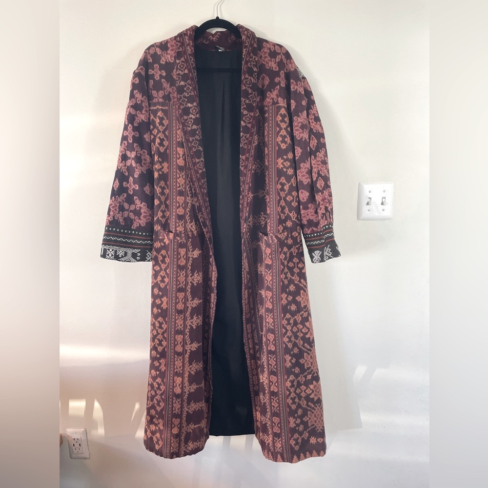 One of a kind handmade cotton long Ikat jacket with embroidered embellishment